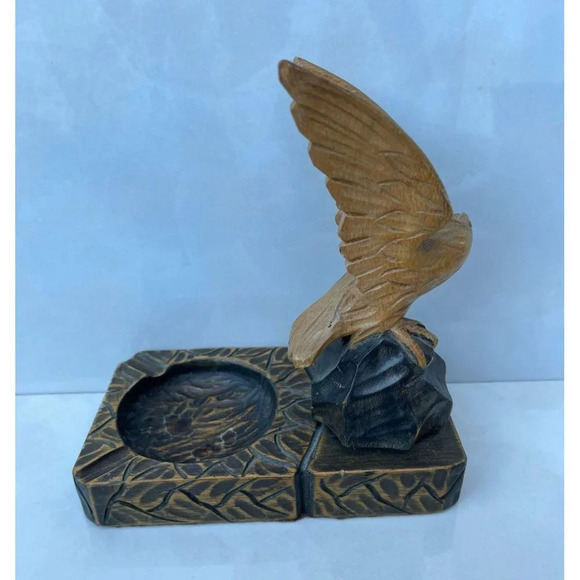 Vintage Wooden Eagle Hand Carved Bird Cigarette Ashtray Figure Brown 4"x 7.5" - Picture 4 of 16
